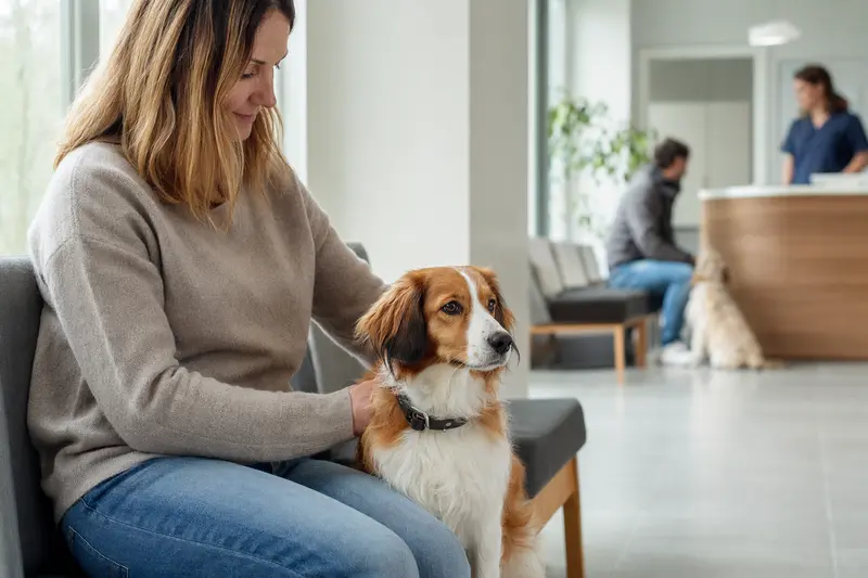 Ein Nederlandse Kooikerhondje sitzt ruhig neben seinem Besitzer im hellen Wartezimmer einer modernen Tierarztpraxis.